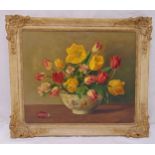 Alfred H Palmer framed oil on panel still life titled Tulips and Apple blossom, signed bottom