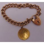 9ct yellow gold bracelet with padlock clasp and George III sovereign pendant, approx total weight
