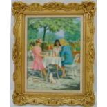 A framed oil on canvas of three ladies having drinks on the terrace indistinctly signed bottom