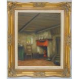 A framed oil on canvas of an interior scene, indistinctly signed bottom right, 50 x 40.5cm