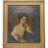 A framed oil on canvas of Letitia Ann Tiddeman, granddaughter of Edmund Spenser wearing a cream