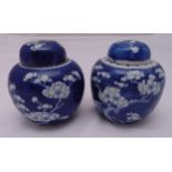 Two Chinese blue and white ginger jars and covers decorated with prunus blossom, 13cm (h)