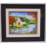 A framed acrylic of a landscape with a chapel by a lake indistinctly signed bottom left, 40 x 50.