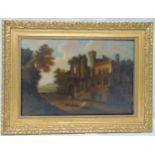 A 19th century continental framed oil on canvas of figures in front of a ruined villa, 39 x 57cm