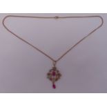 9ct yellow gold, ruby and seed pearl pendant on a 9ct gold chain, approx total weight 7.7g