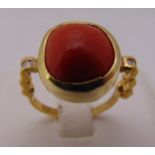 18ct yellow gold coral and diamond dress ring, approx total weight 4.7g