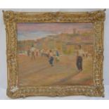 Vasco Lazzola framed oil on panel of figures in an Italian city, signed bottom left and dated