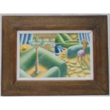 Robin Mason framed and glazed gouache on paper of a stylised surreal landscape, label to verso, 13 x