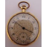 18ct gold open face pocket watch with Arabic numerals and subsidiary seconds dial