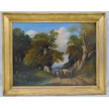 A framed 19th century oil on canvas depicting a horse-drawn timber cart on country lane through a