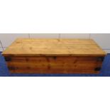 A rectangular pine trunk, metal bound side handles and hinged cover, 120 x 49 x 30cm
