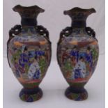 A pair of Satsuma vases with dragon side handles decorated with courtiers, flowers and scrolls,