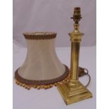 A gilt metal columnular table lamp on stepped square base and silk shade, 39cm (h)