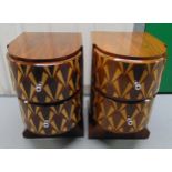 A pair of Art Deco style bedside wooden side tables shaped rectangular with bowed front, the drawers