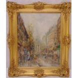 A framed oil on canvas of figures in a Parisienne street scene indistinctly signed bottom right,