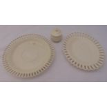 Two Wedgwood cake plates basket weave form with pierced borders and a matching covered pot