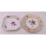 Meissen shaped square puce dish decorated with flowers, marks to the base, 3 x 11.5 x 11.5cm and a