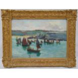 John M Bromley framed oil on panel of fishing boats, signed bottom left, 15 x 34.5cm