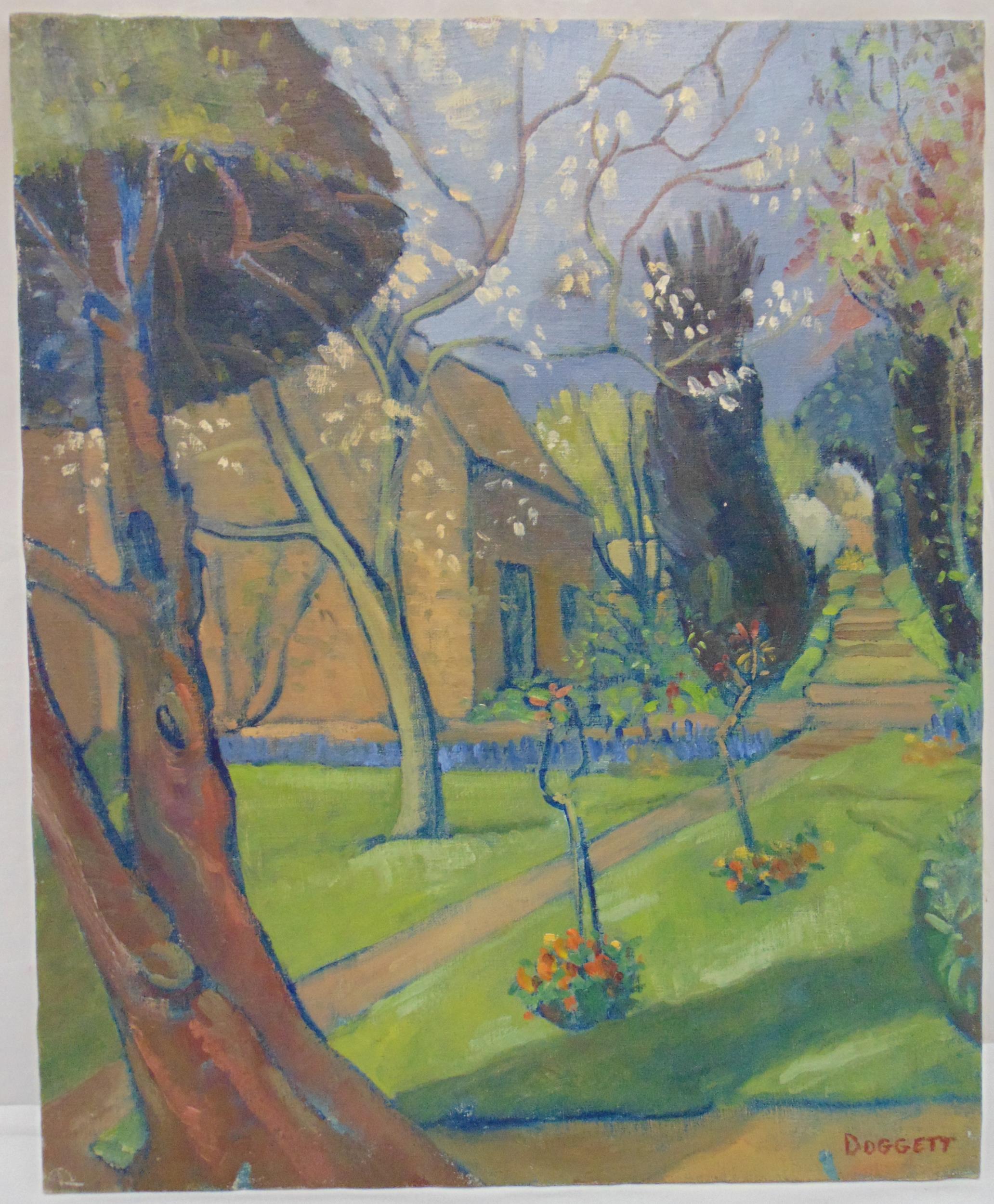 Ruth Doggett 1881-1974 unframed oil on canvas of a house and garden (early painting) signed bottom