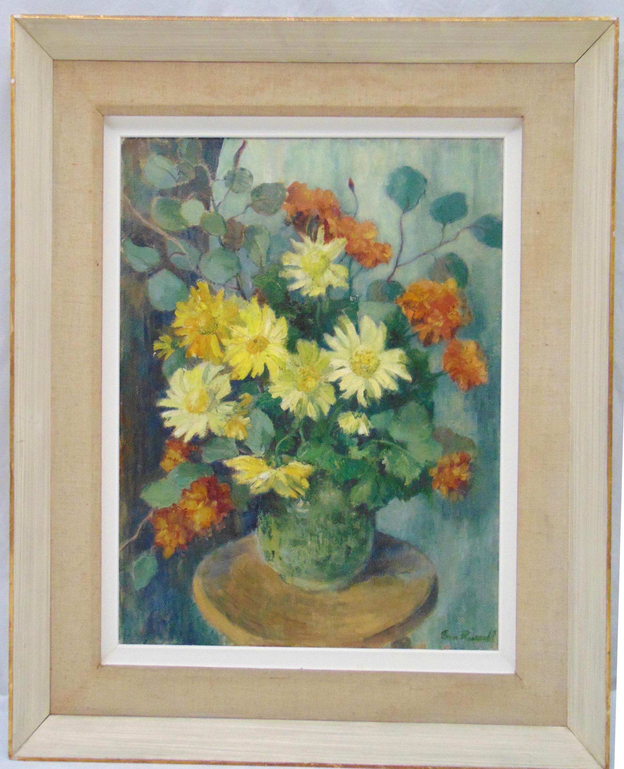 Ena Russell 1906-1997 framed oil on canvas still life of flowers in a vase, signed bottom right,