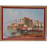 A framed oil on canvas of an Italian lake scene, indistinctly signed bottom left, 48 x 65.5cm