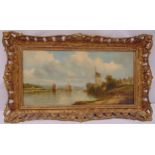 Alfred H Vickers framed oil on canvas of a windmill by a river with sailing boats, signed bottom