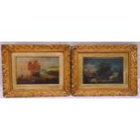 A pair of framed oils on panel of boats in a harbour and a country landscape, in the style of George