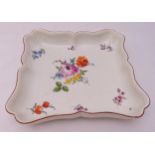 Meissen mid 18th century shaped square dish decorated with flowers and leaves, marks to the base,