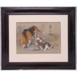 J Hallett framed pastel of a bitch and her puppies signed and dated September 85 bottom right, 30.