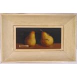 Deborah Jones framed still life of pears, signed bottom left, 13 x 27cm