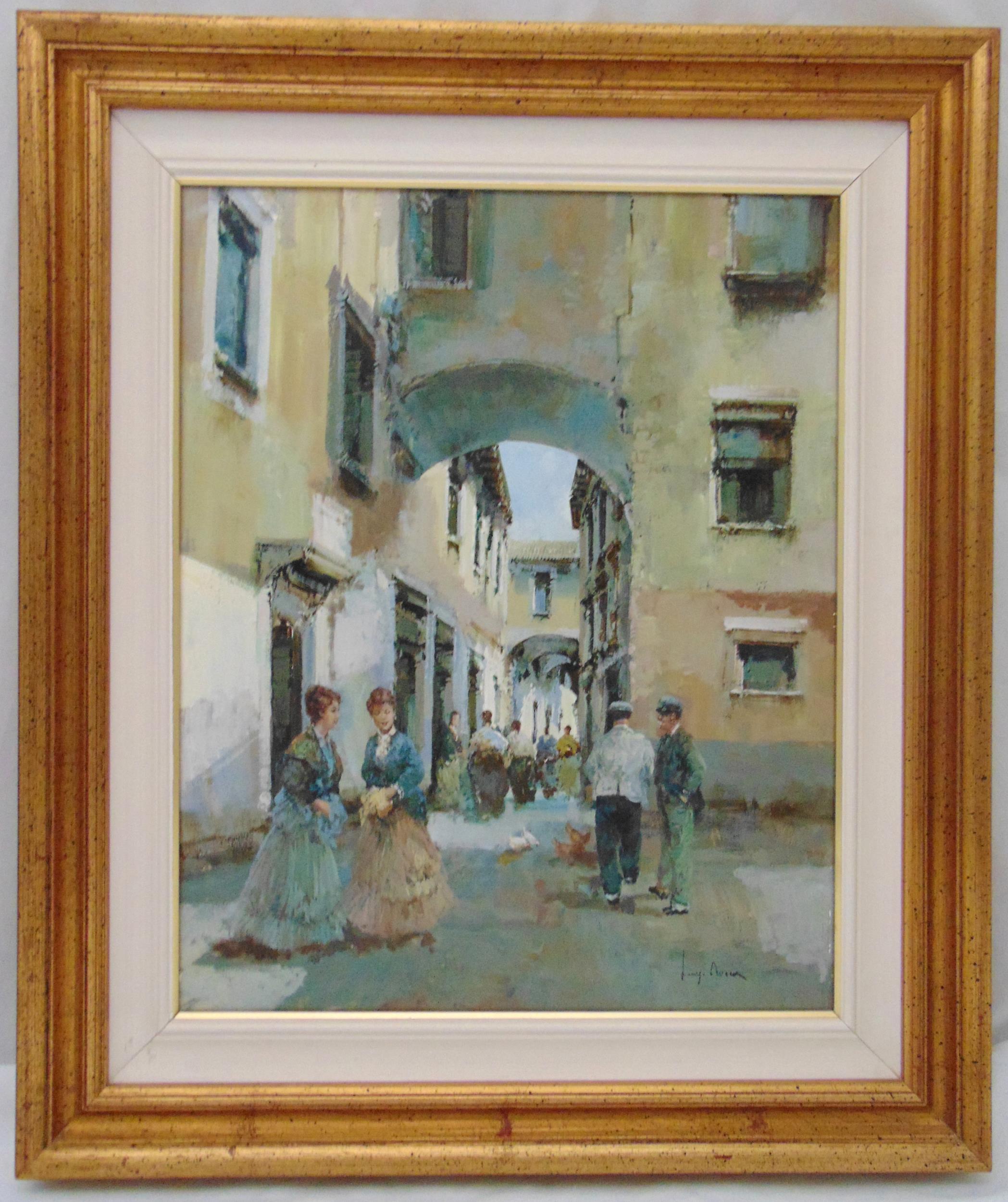 A framed oil on canvas of figures by an arch, indistinctly signed bottom right, 50 x 40cm