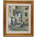 A framed oil on canvas of figures by an arch, indistinctly signed bottom right, 50 x 40cm