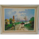 A framed oil on canvas of a continental village scene, indistinctly signed bottom right, 46.5 x
