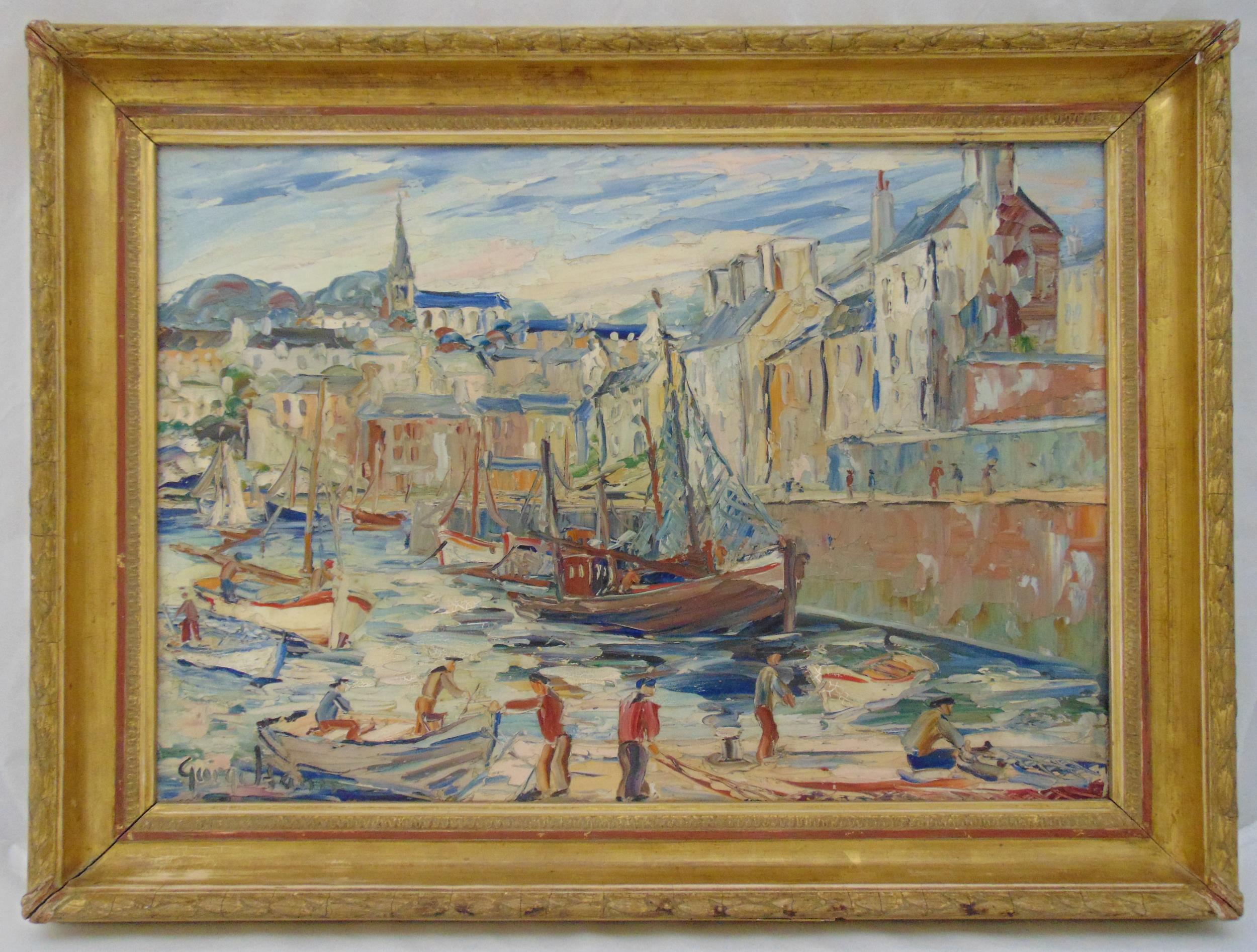 George Hann framed oil on board of a harbour scene with boats, signed bottom right, 47.5 x 67.5cm