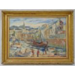 George Hann framed oil on board of a harbour scene with boats, signed bottom right, 47.5 x 67.5cm