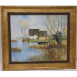Marcel Hue framed oil on canvas of a lake and houses, signed bottom right, 60 x 72.5cm