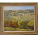 Bert Wright framed oil on canvas of a country landscape, label to verso, 50 x 60cm