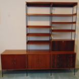 Vanson mid 20th century wall unit with shelves, cupboards and drawers on cylindrical legs, 205 x 207