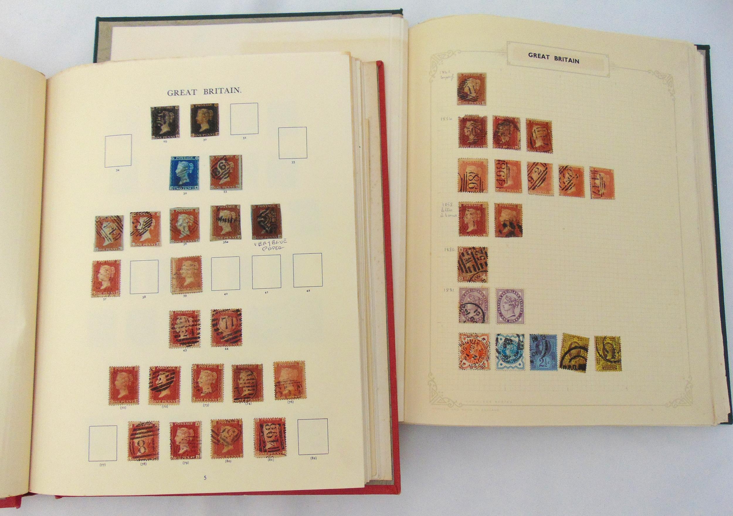Two albums of GB stamps from Queen Victoria to QEII to include two Penny Blacks, one Blue and Reds