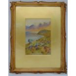 John Abernethy Lynas-Grey framed and glazed watercolour of a mountainous coastal scene with sheep