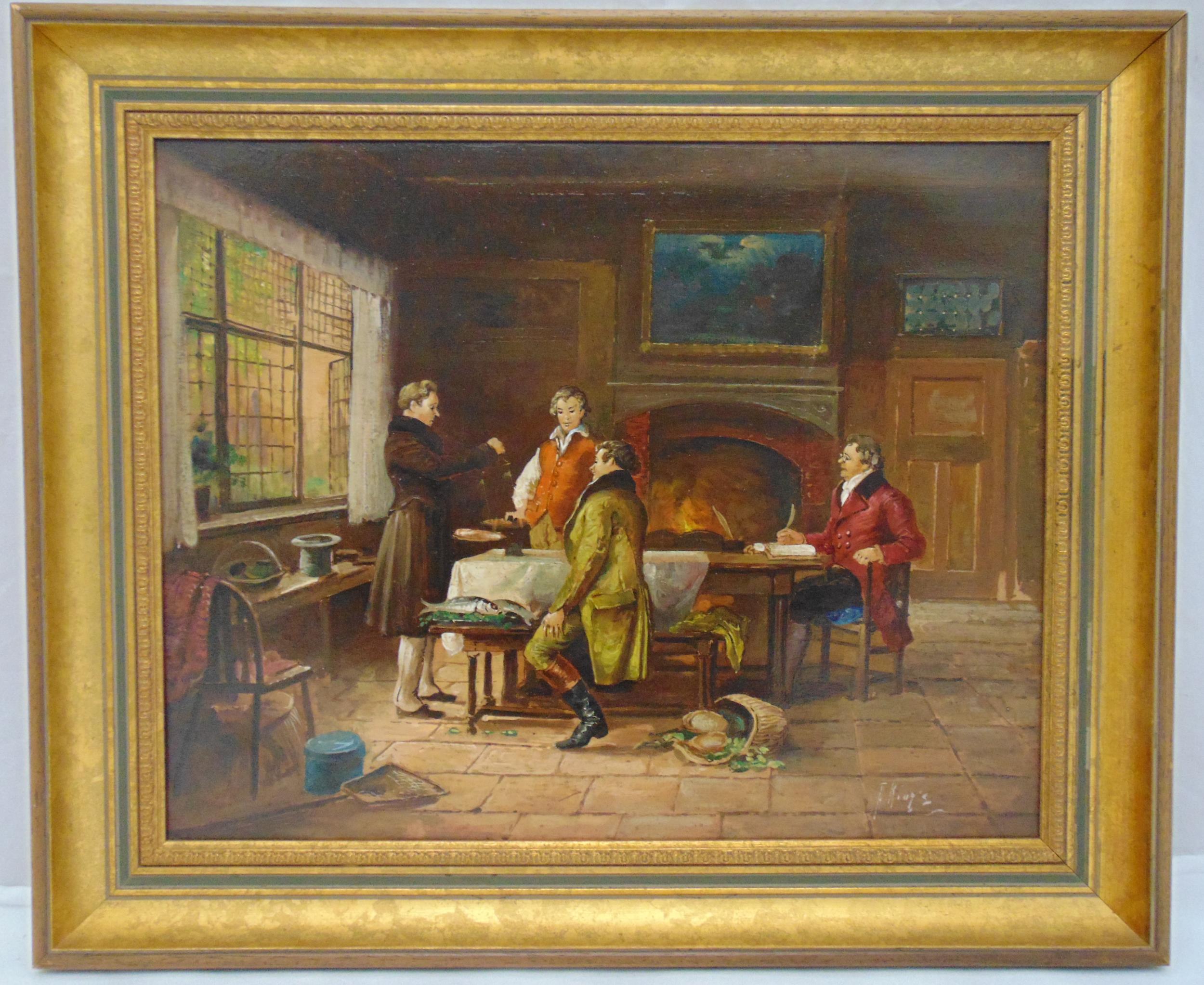 A framed oil on canvas of an 18th century interior scene indistinctly signed bottom right, 41 x