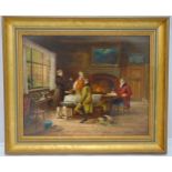 A framed oil on canvas of an 18th century interior scene indistinctly signed bottom right, 41 x