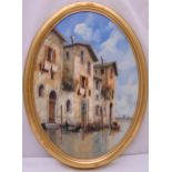 Guido Borrelli oval framed oil on canvas of a Venetian canal and houses, signed to the bottom, 70