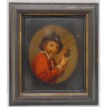 A framed oil on board caricature of an Italian man, gallery label on verso for Walkers Gallery
