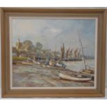 Bert Wright framed oil on panel of sailing boats on a muddy foreshore, label to verso, 48.5 x 59cm