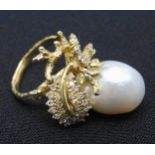 14ct yellow gold Baroque pearl and diamond cocktail ring, approx total weight 13.7g