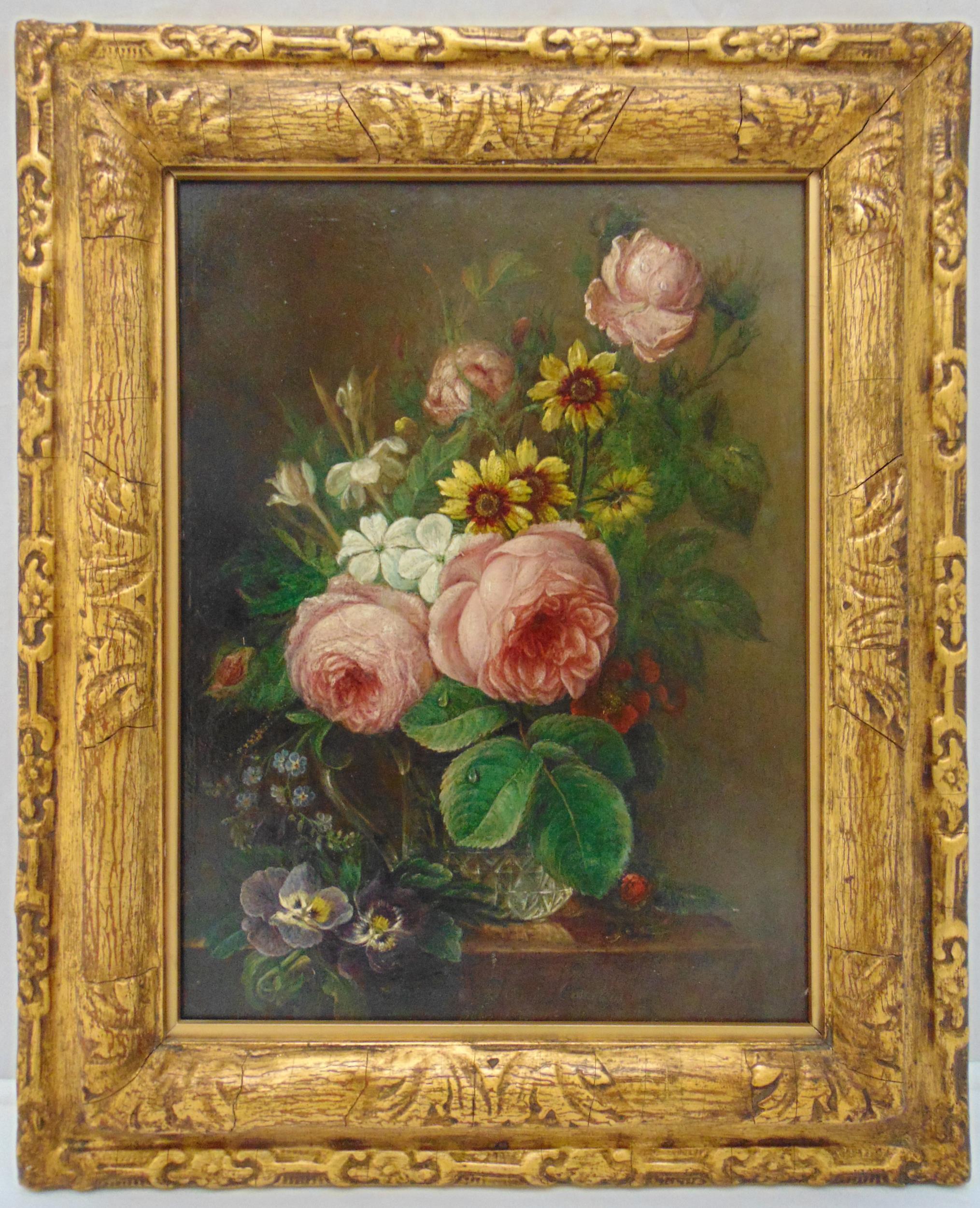 Melanie De Comolera framed 19th century oil on panel still life of flowers, signed bottom right,