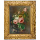 Melanie De Comolera framed 19th century oil on panel still life of flowers, signed bottom right,
