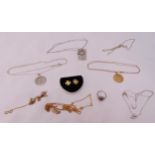 A quantity of 9ct gold and silver jewellery to include chains with pendants, earrings and a ring,