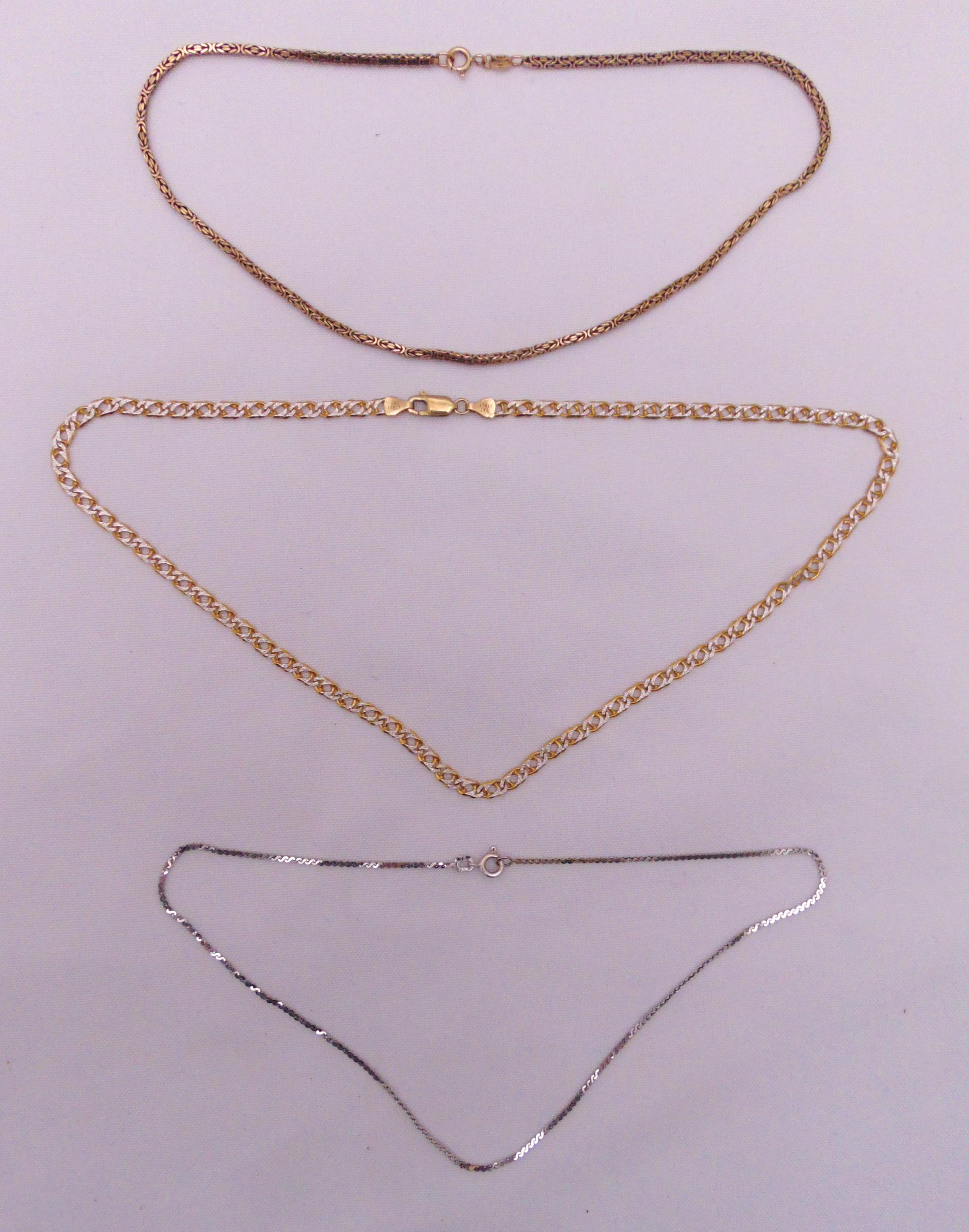 Three 9ct gold chains, approx total weight 22.3g